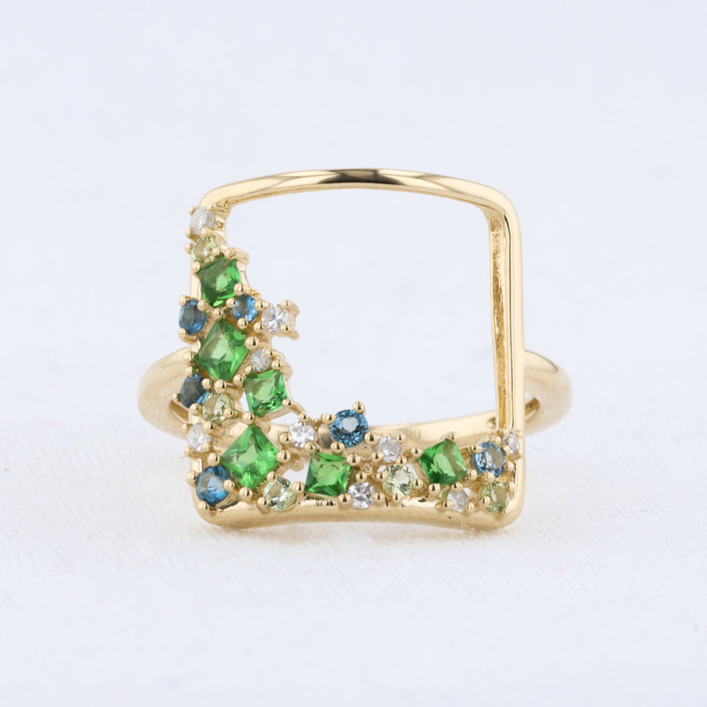 Open Square Diamond and Gemstone Cluster Ring in Yellow Gold