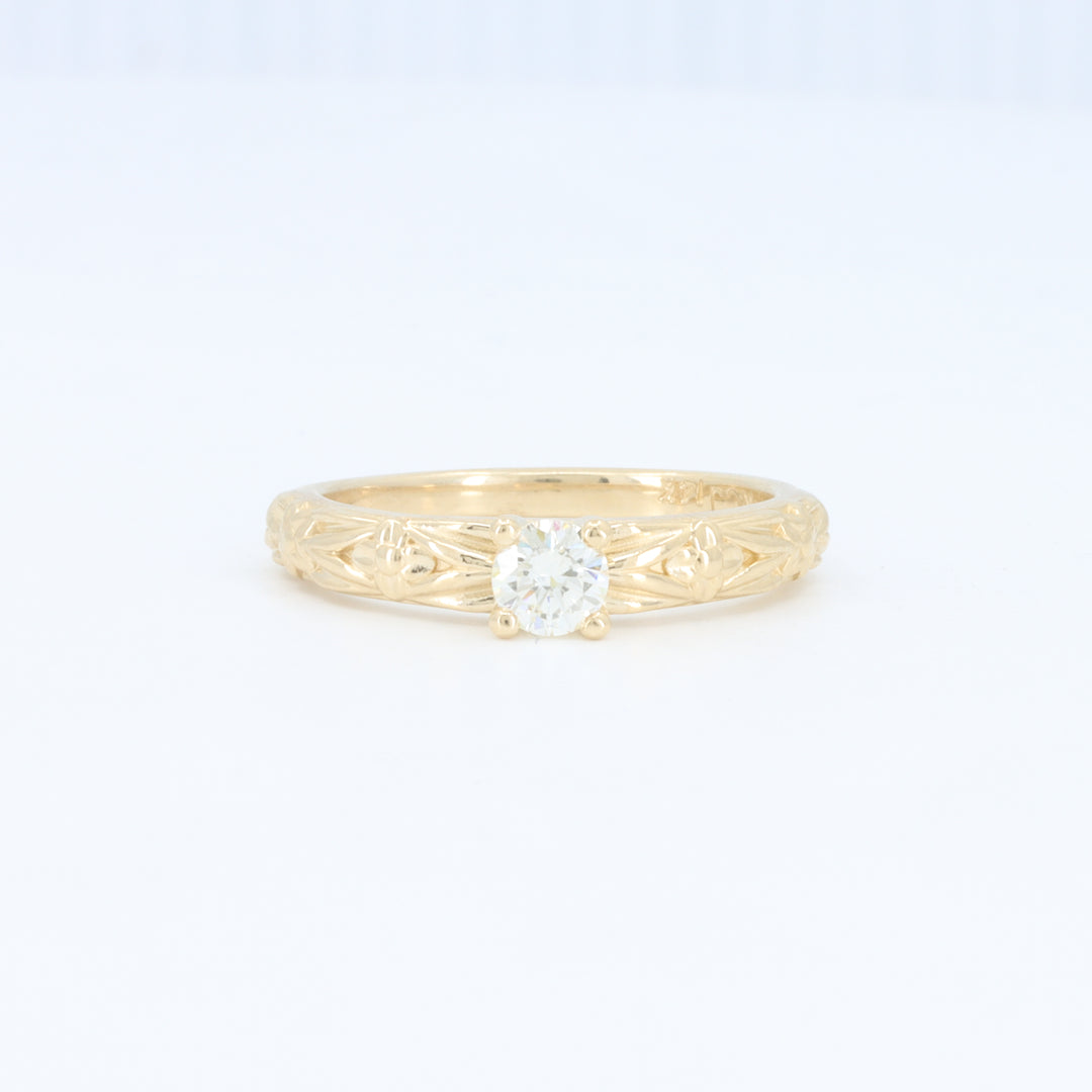 Old European Cut Diamond Ring w/ Floral Details in Yellow Gold