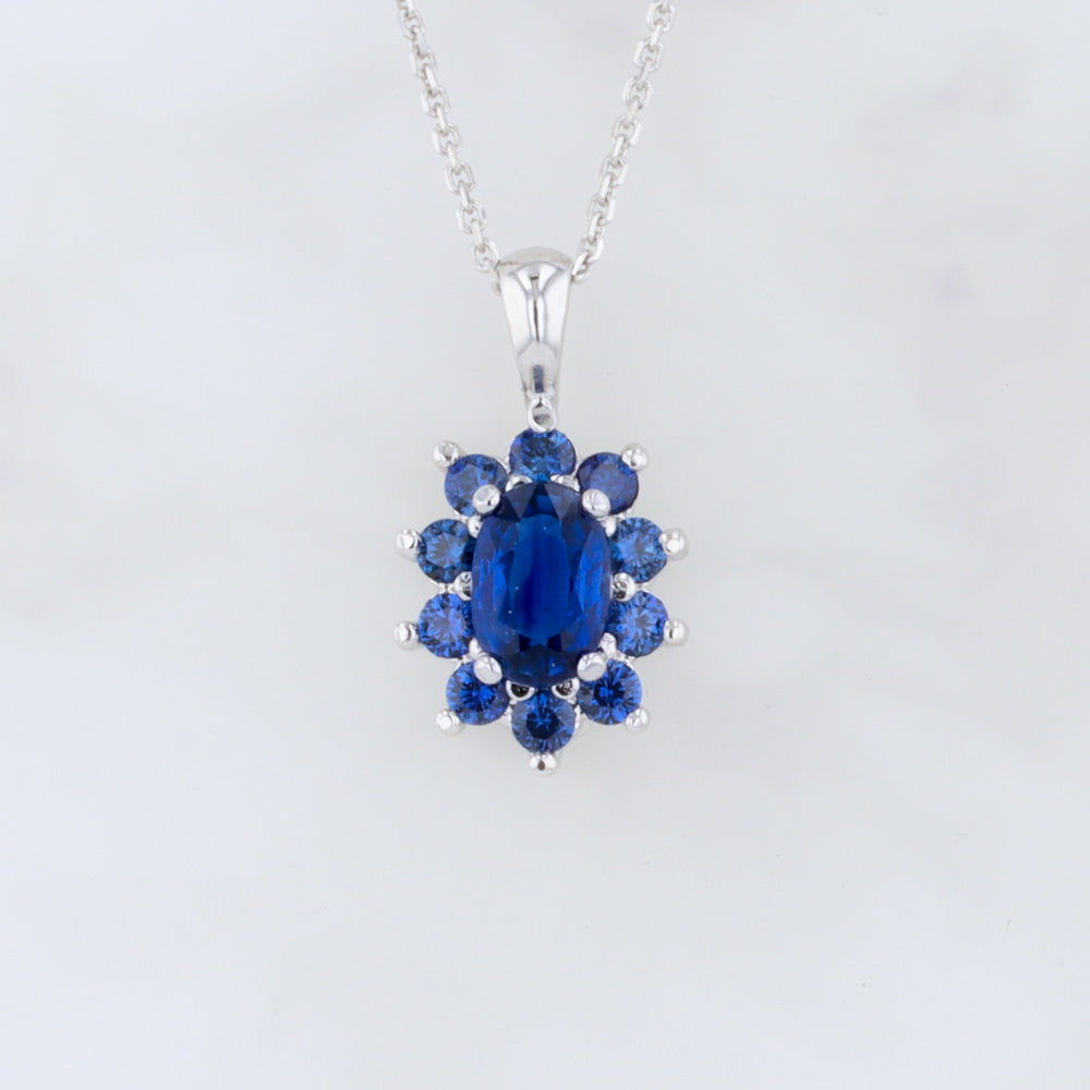 Sapphire Dreams Halo Pendant in White Gold