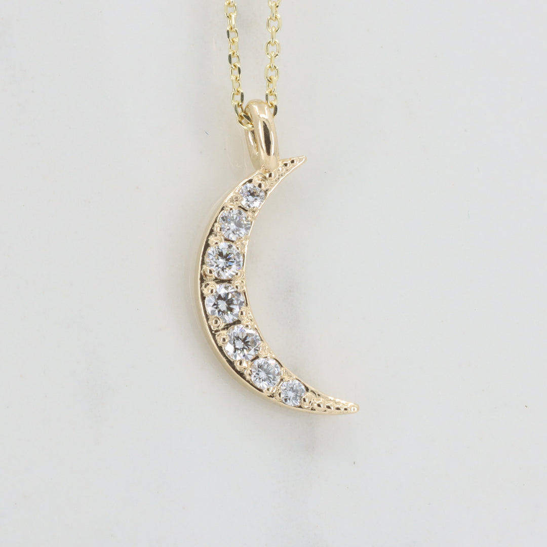 Diamond Crescent Moon Pendant, 0.19cttw in 14K Yellow Gold, 18 inch Chain