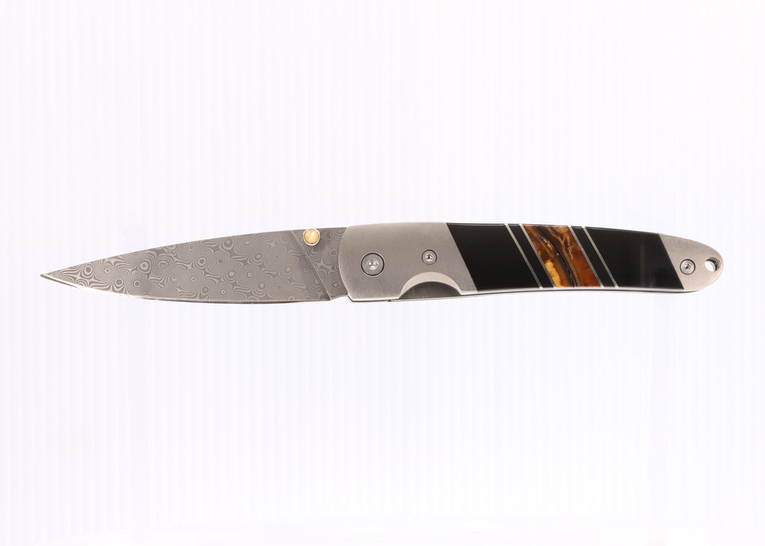 4" Liner Lock Knife w/pocket clip- Mammoth Tusk Inlay with Damascus Steel Blade