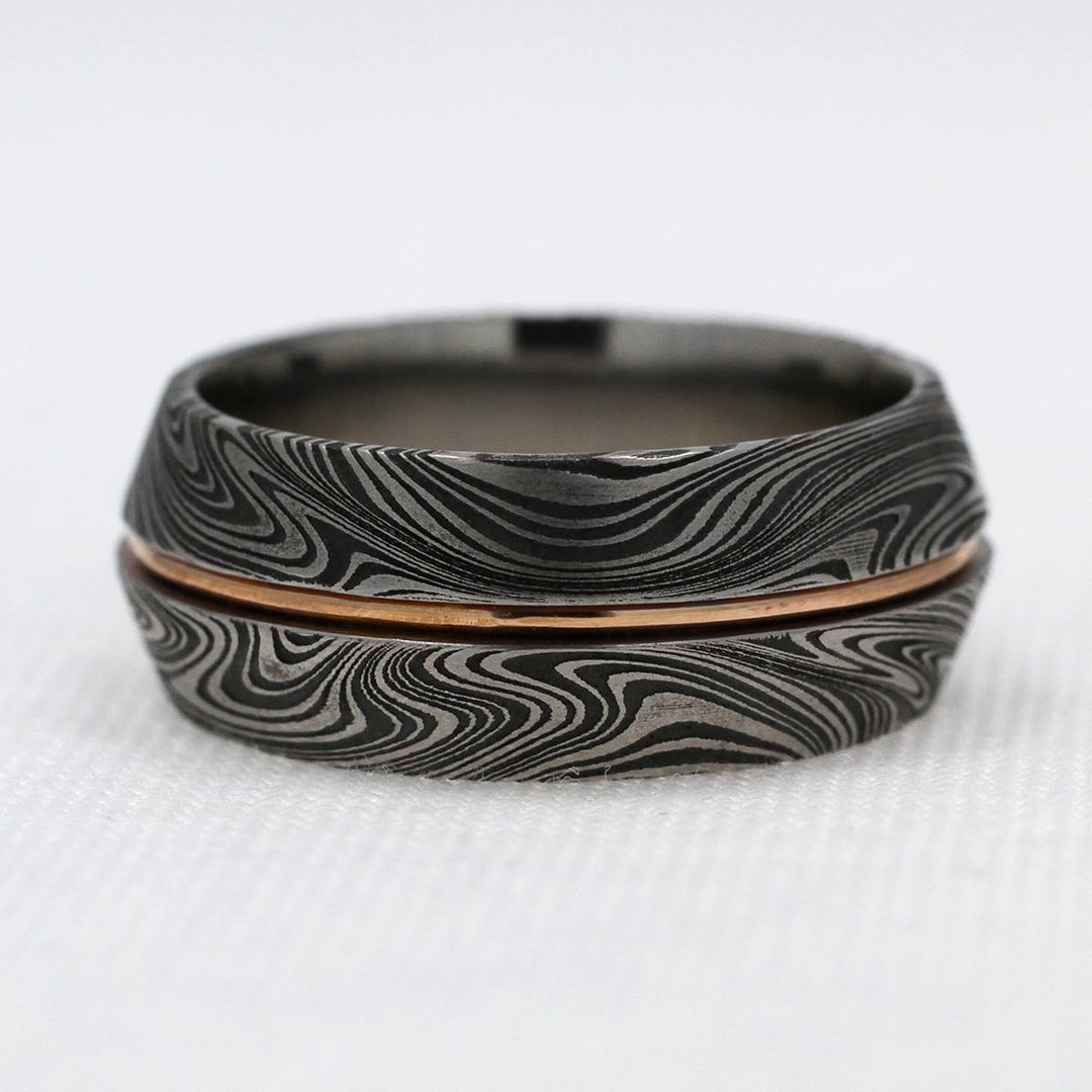 Kona Pattern Damascus Steel Band with Gold Inlay