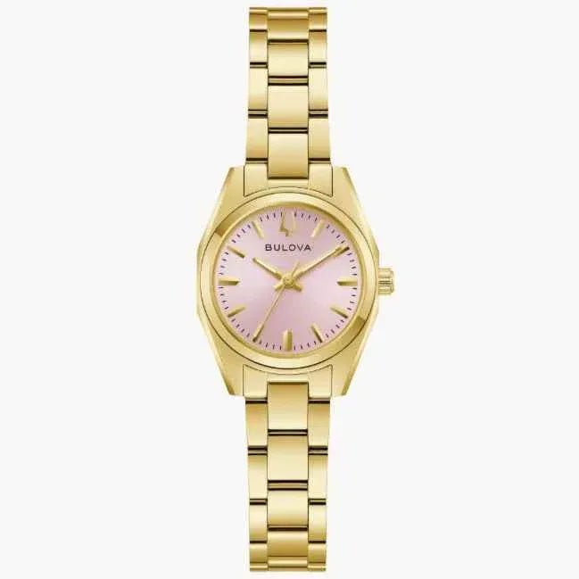 Bulova Surveyor- Light Pink Round Face w/ Yellow Metal Features and Band - Kizer Cummings Jewelers