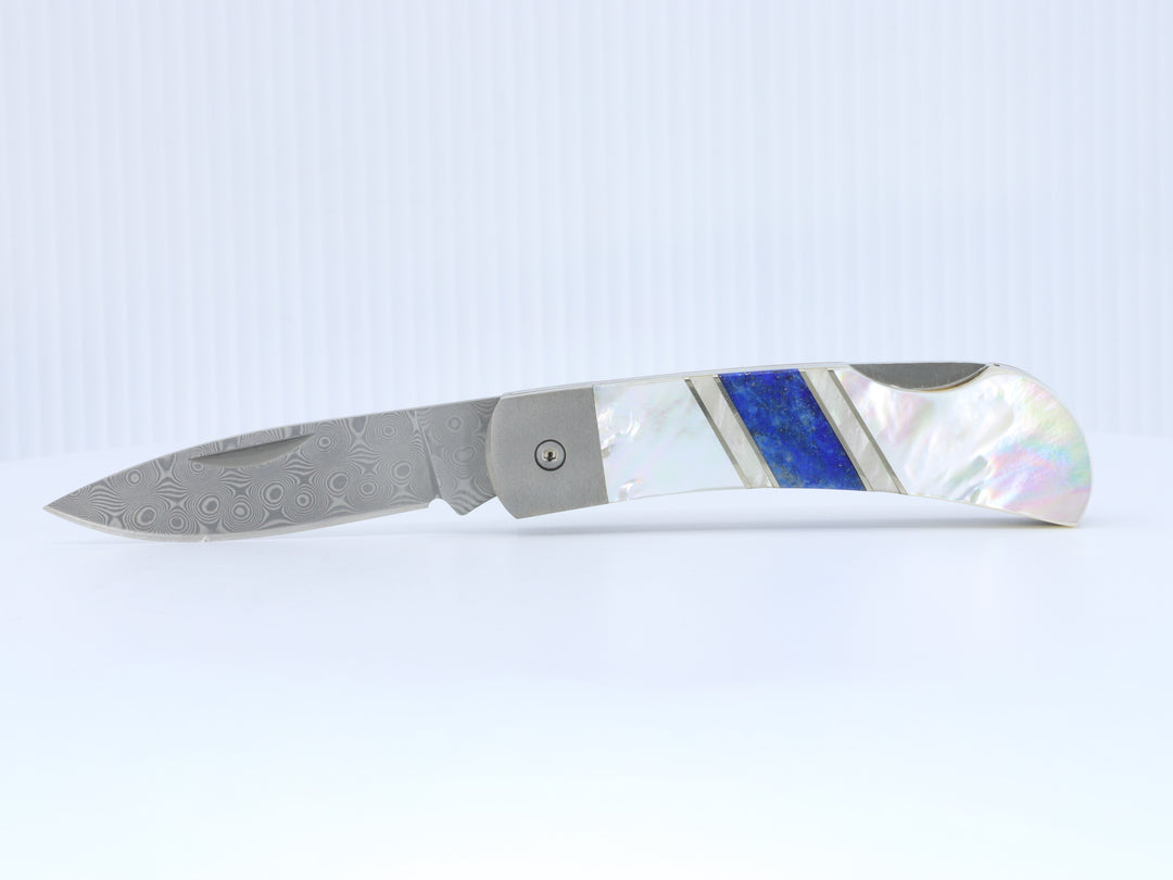 3" Lock back Knife- Mother of Pearl Endcaps w/ Lapis inlays w/ Damascus Steel Blade
