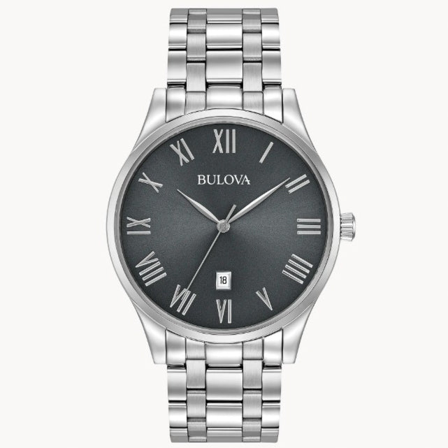 Bulova Classic- Dark Grey Round Face w/ White Metal Features and Band