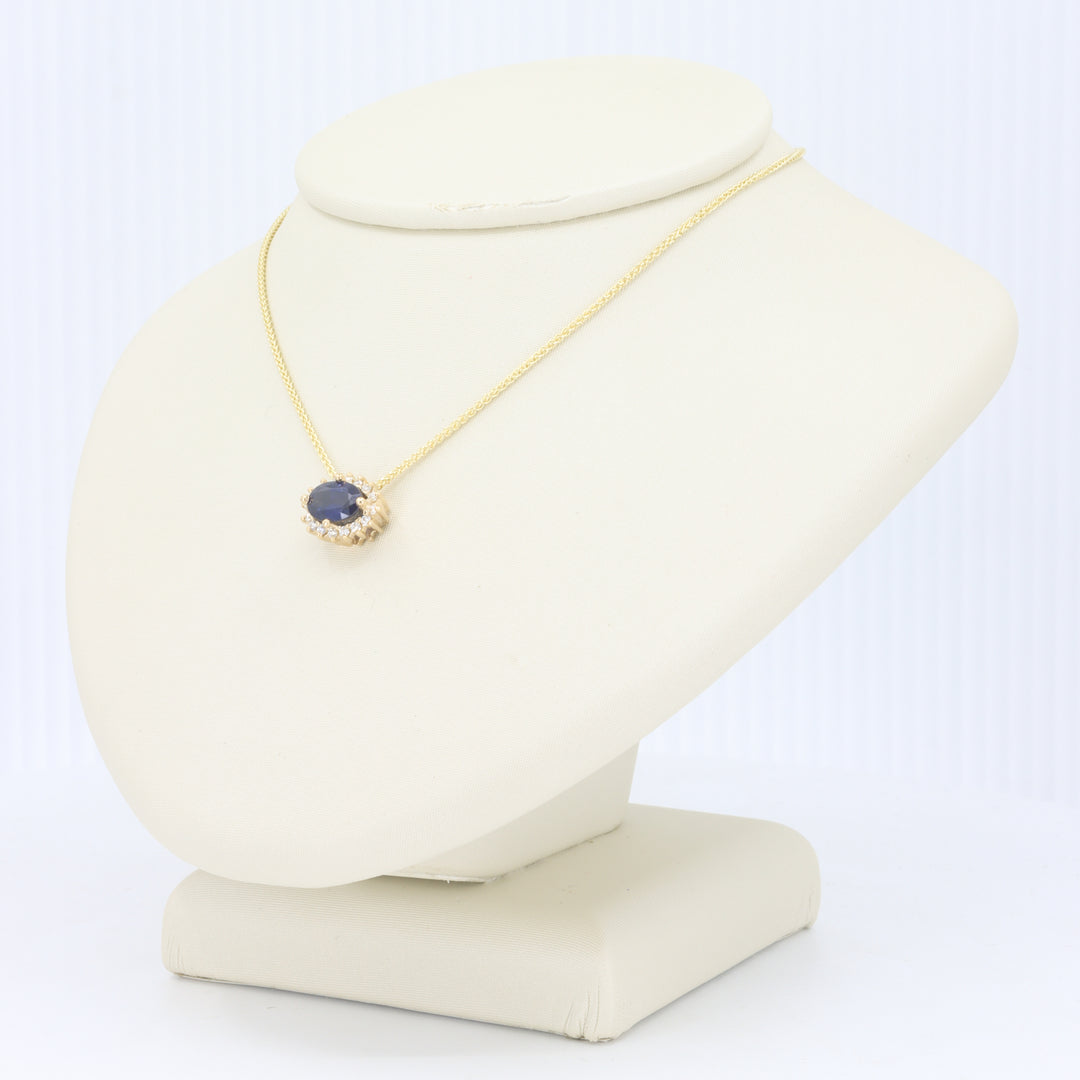 Oval Sapphire w/Diamond Halo Slide Pendant w/18" Spiga Chain in Yellow Gold