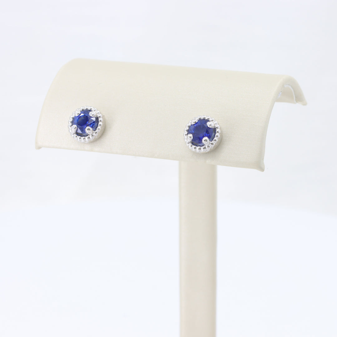 Blue Sapphire Beaded Halo Stud Earrings, 1.51cttw in 14K White Gold