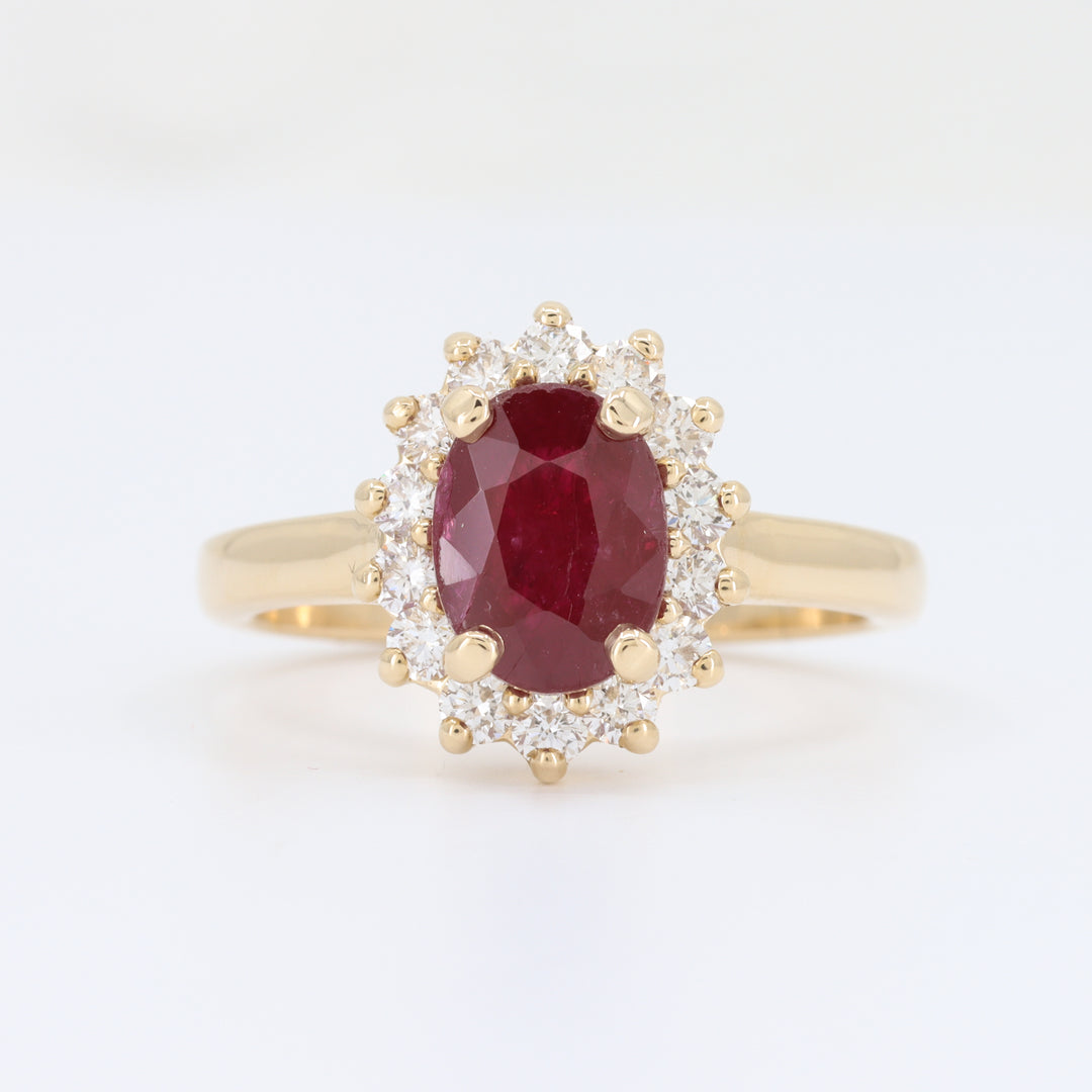 Oval Ruby w/Diamond Halo Ring in Yellow Gold