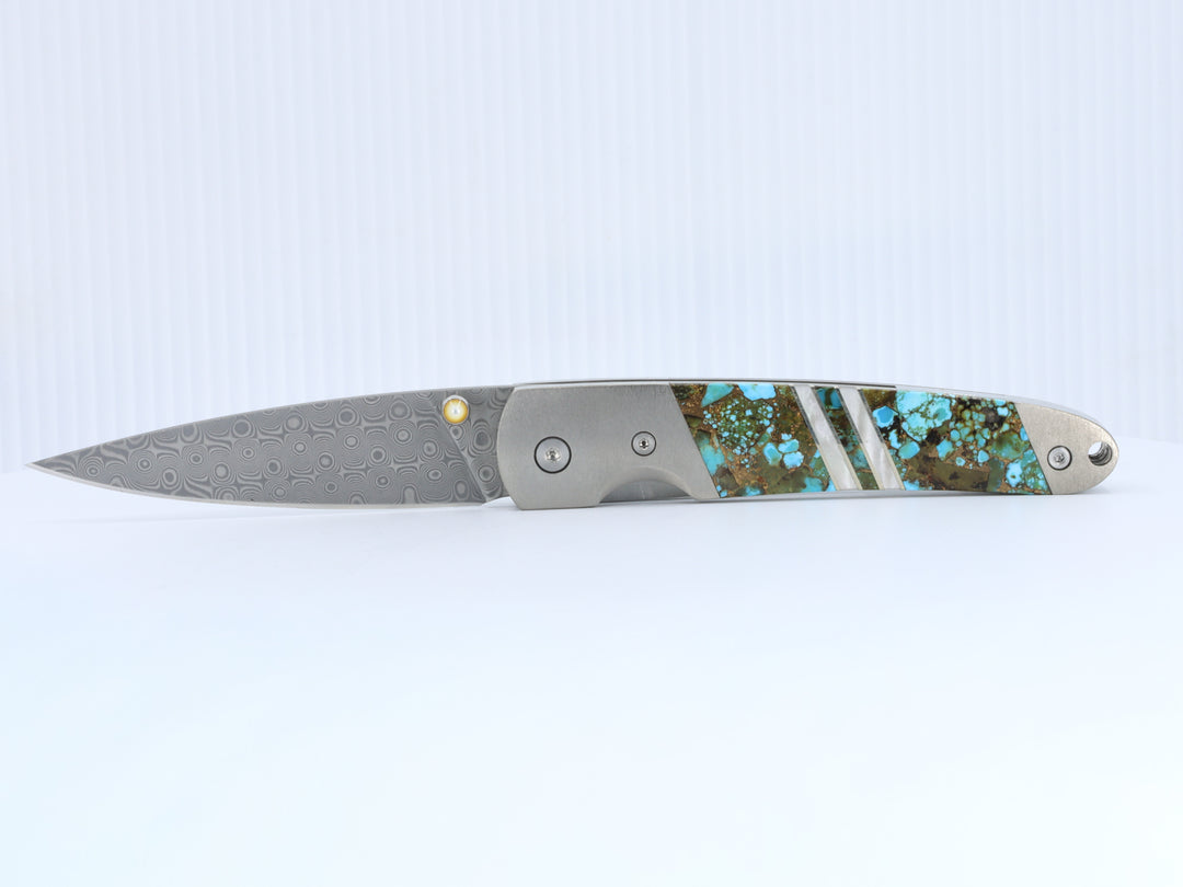 4" Liner Lock Knife w/pocket clip- Kingman Polychrome Turquoise and Mother of Pearl inlay w/ Damascus Steel Blade