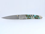 Load image into Gallery viewer, 4" Liner Lock Knife w/pocket clip- Kingman Polychrome Turquoise and Mother of Pearl inlay w/ Damascus Steel Blade