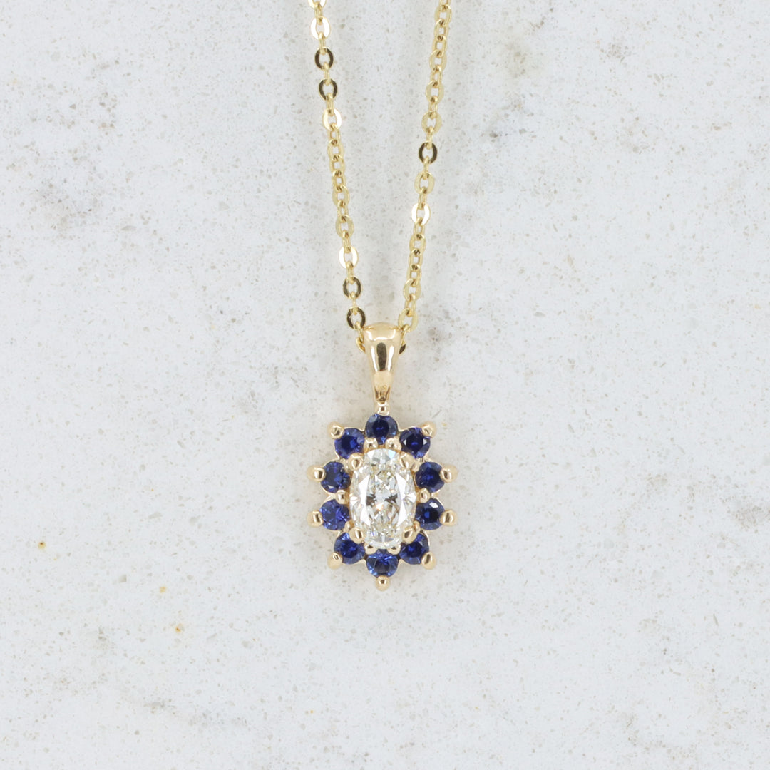 Diamond and Sapphire Halo Pendant, 0.37ct Oval Diamond and 0.28cttw Sapphires in 14K Yellow Gold, 18 inch Chain