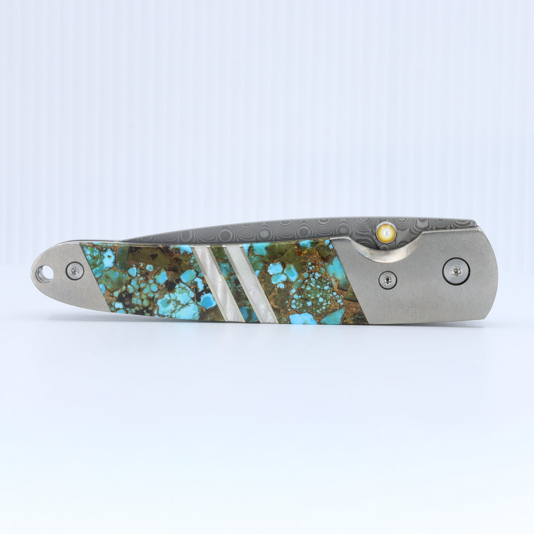 4" Liner Lock Knife w/pocket clip- Kingman Polychrome Turquoise and Mother of Pearl inlay w/ Damascus Steel Blade