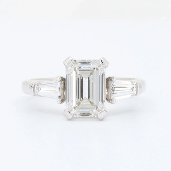Lab Grown Diamond Ring, 2.01ct E VS2 Emerald Cut Diamond with 0.50cttw Tapered Baguette Diamonds in 14K White Gold - Kizer Cummings Jewelers