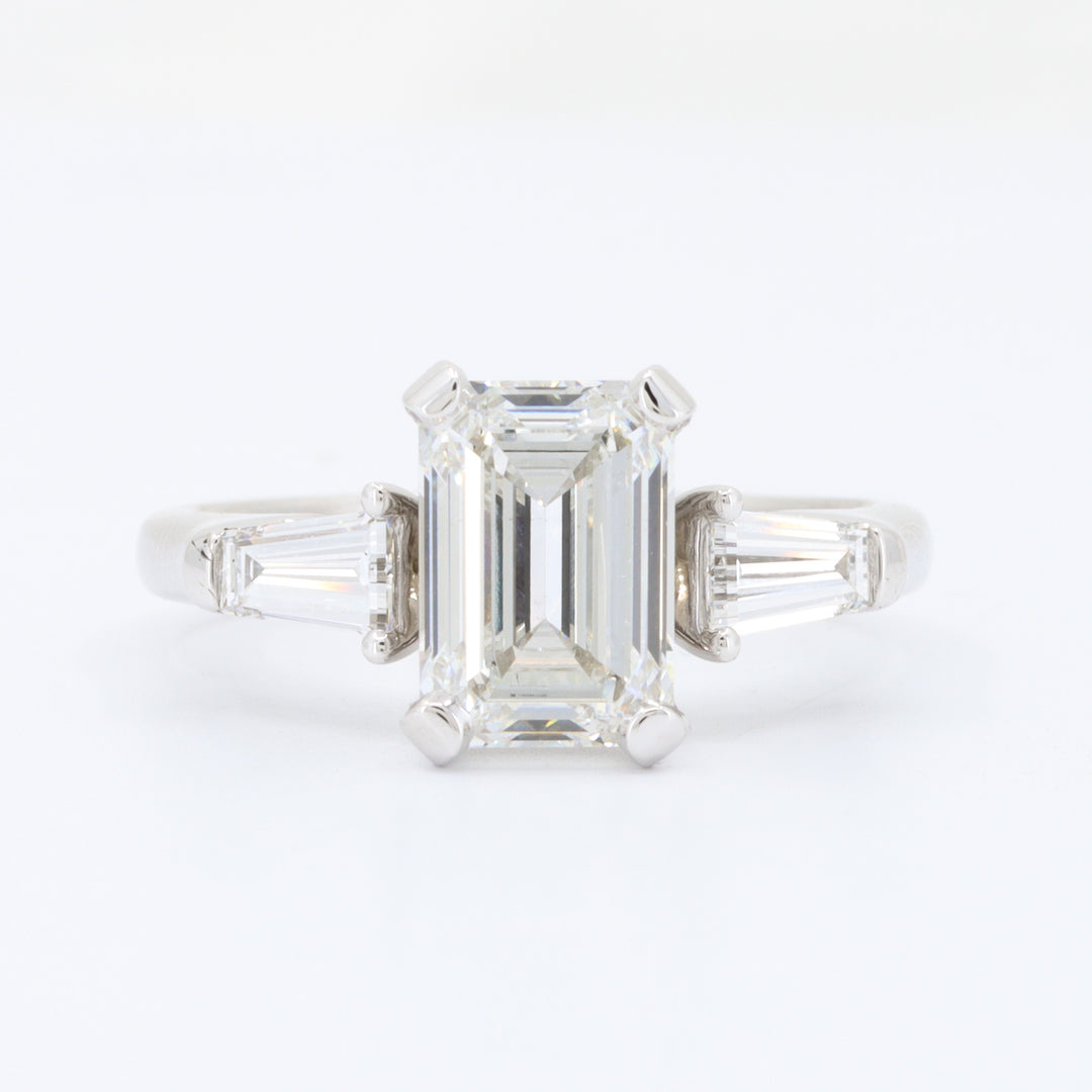 Lab Grown Diamond Ring, 2.01ct E VS2 Emerald Cut Diamond with 0.50cttw Tapered Baguette Diamonds in 14K White Gold