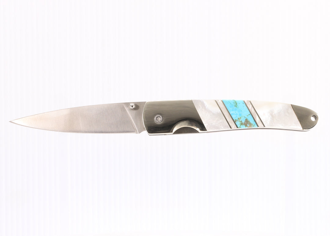 Steel 4" Linerlock Knife with pocket clip- Turquoise and Mother of Pearl Inlay