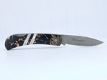 Load image into Gallery viewer, 3&quot; Lockback Knife- Black Buffalo Turquoise and Bronze w/Laser engraving w/ Damascus Steel Blade
