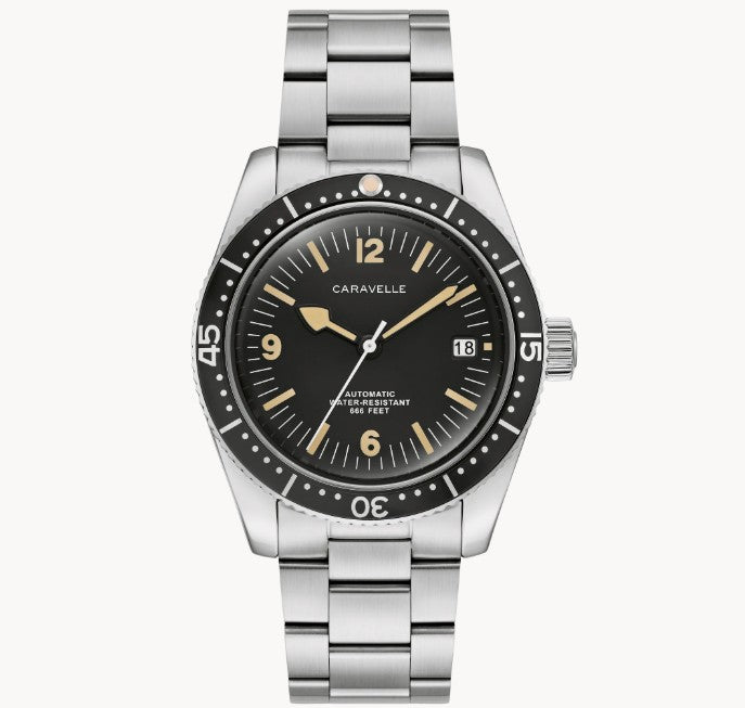 Caravelle Vintage Sea Hunter- Black Dial Watch w/ White Metal Features and Band