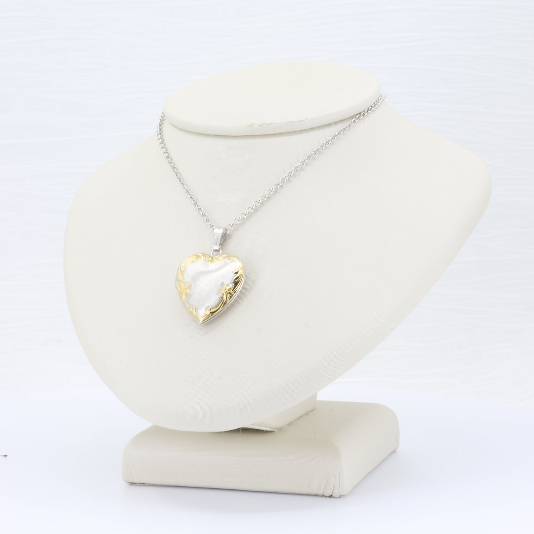 Floral Embossed Heart Locket in Sterling Silver w/ Gold Embelishment