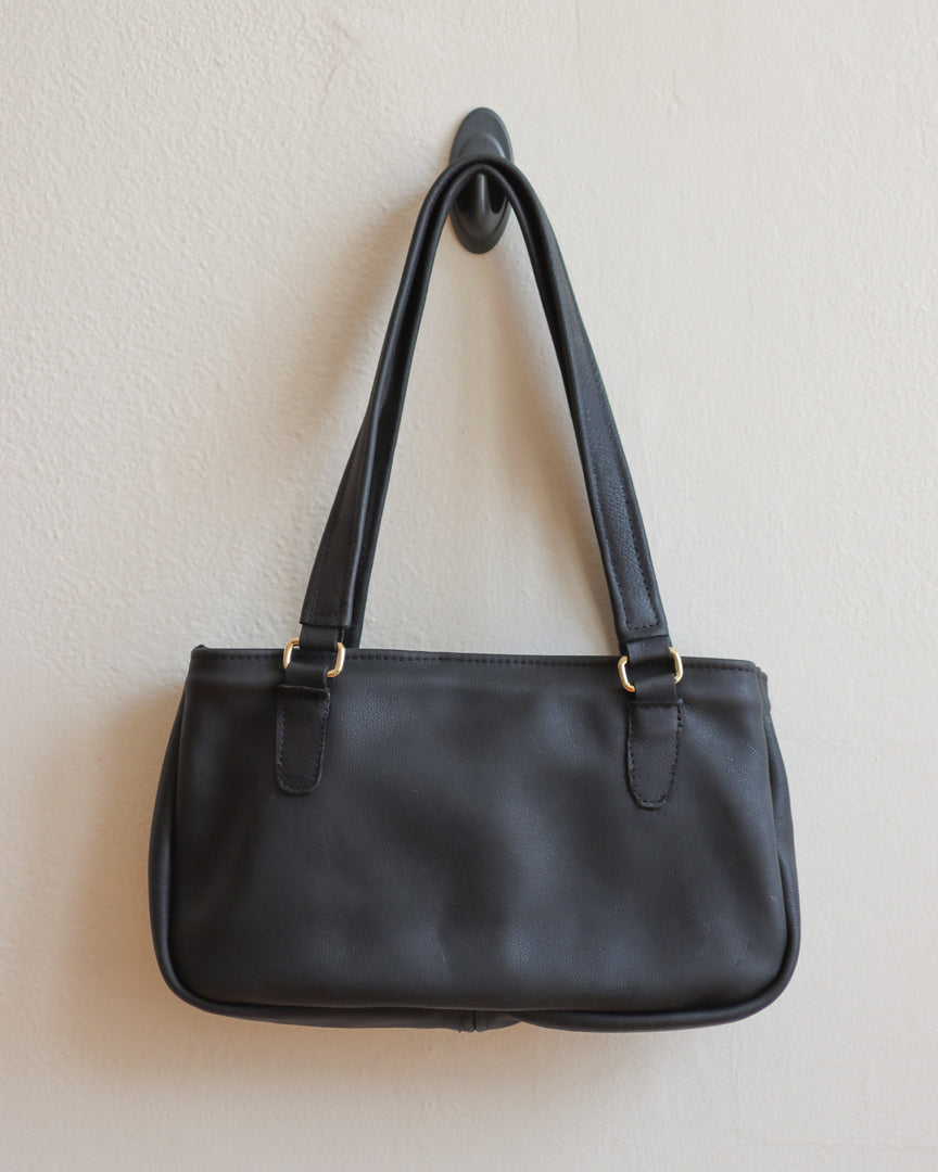 Black Leather Shoulder Tote Bag with Brass Hardware