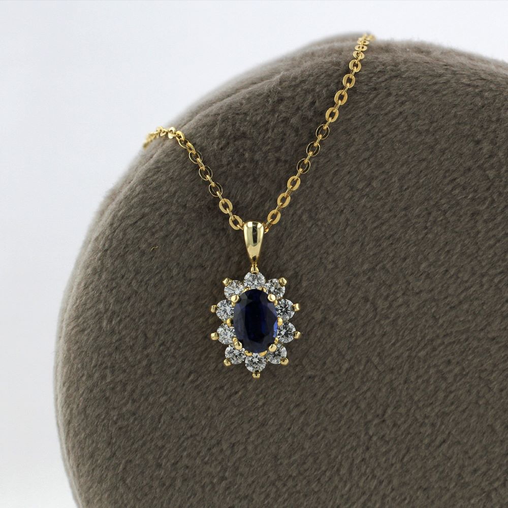 Oval Sapphire and Diamond Halo Necklace in Yellow Gold