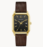 Load image into Gallery viewer, Bulova Tony Bennet- Black Rectangular Face w/ Yellow Metal Features and Dark Brown textured Leather Band