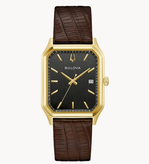 Bulova Tony Bennet- Black Rectangular Face w/ Yellow Metal Features and Dark Brown textured Leather Band