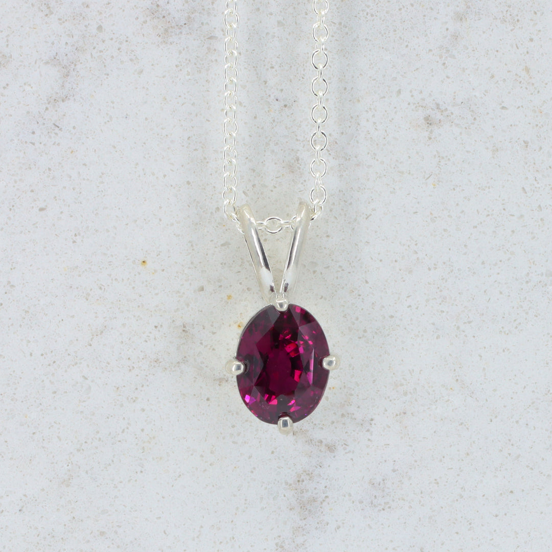 Rhodolite Garnet Pendant, 3.36ct Oval in Sterling Silver, 16–18 inch Chain