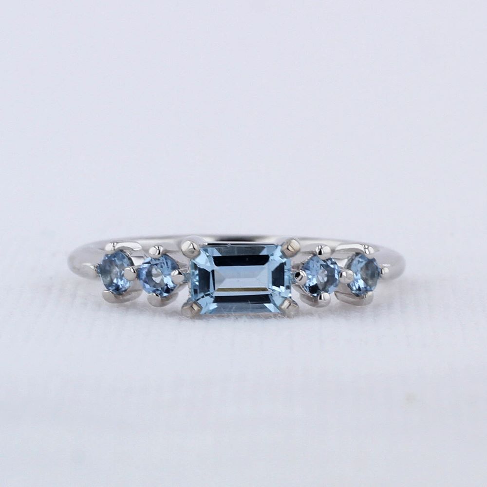 East-West Emerald-Cut Aquamarine Ring in White Gold