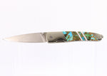 Load image into Gallery viewer, 4&quot; Liner Lock Knife- Kingman Polychrome Turquoise and Mother of Pearl  inlay w/ Steel Blade
