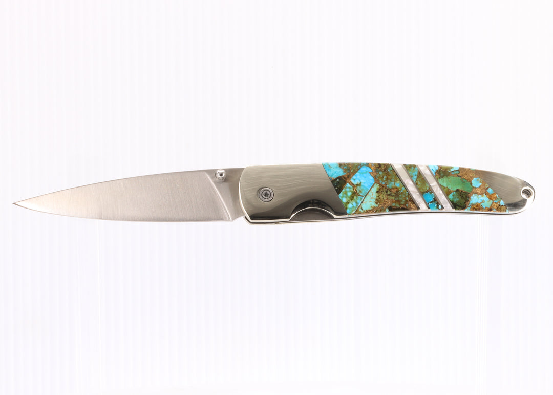 4" Liner Lock Knife- Kingman Polychrome Turquoise and Mother of Pearl  inlay w/ Steel Blade