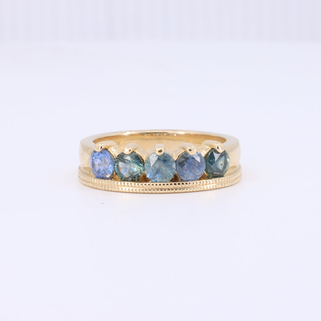 Five Stone Montana Sapphire Ring with Double Millgrain Edge