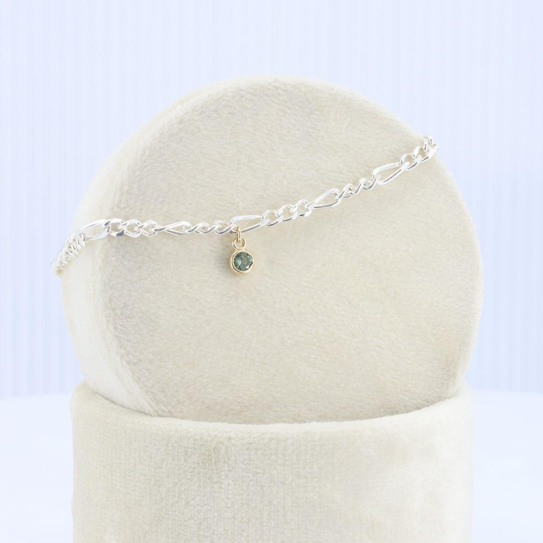 Silver Figaro Chain Bracelet w/ Montana Sapphire Charm in Yellow Gold