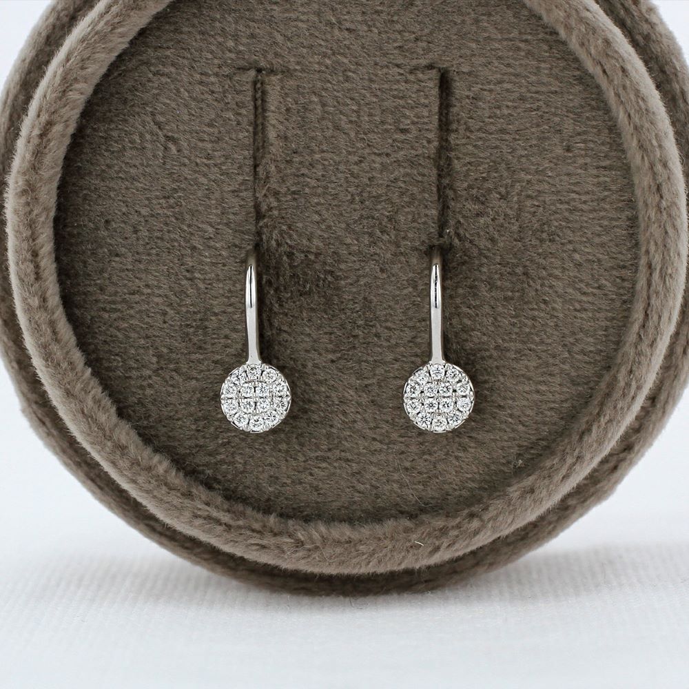 Round Pavé Diamond Drop Earrings in White Gold