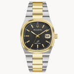Load image into Gallery viewer, Bulova men's watch with gold and silver stainless steel band, black dial, and date display, elegant retro-inspired design.