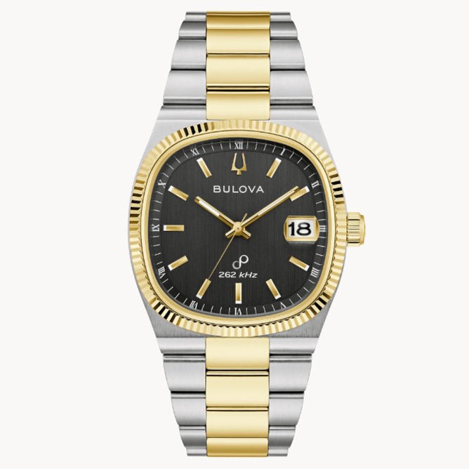 Bulova men's watch with gold and silver stainless steel band, black dial, and date display, elegant retro-inspired design.