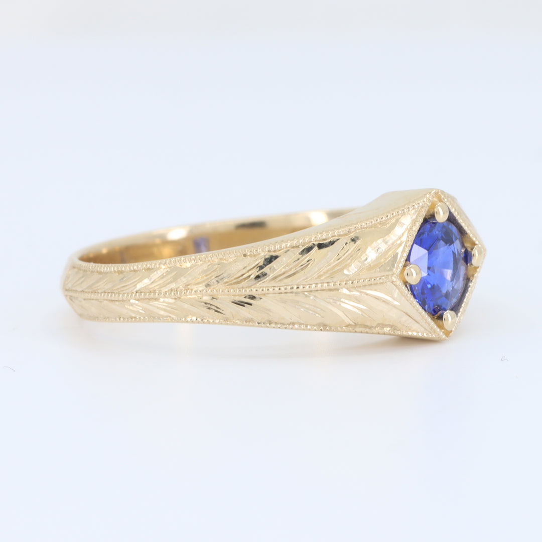 Sapphire Hand Engraved Ring, 0.49ct in 14K Yellow Gold