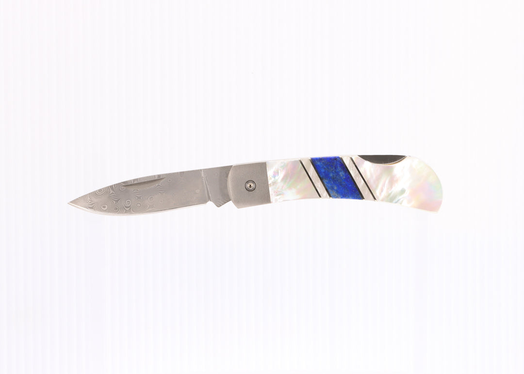 3" Lock back Knife- Mother of Pearl Endcaps w/ Lapis inlays w/ Damascus Steel Blade