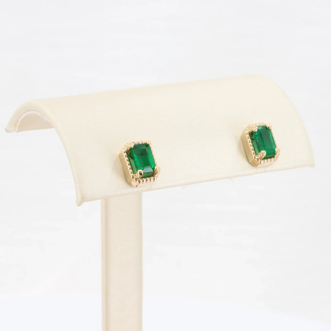 Emerald Cut Emerald Beaded Halo Stud Earrings, 1.08cttw in 14K Yellow Gold - Kizer Cummings Jewelers