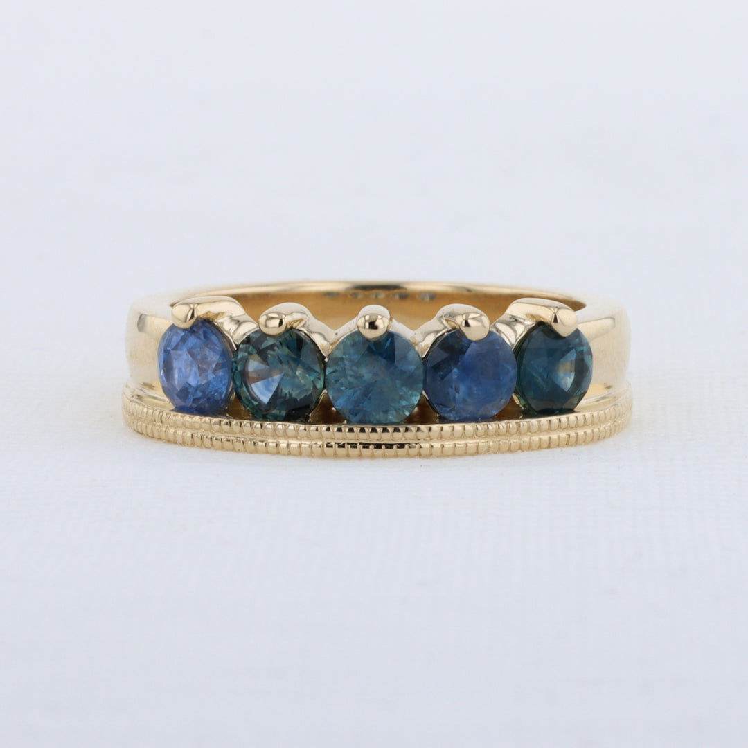 Five Stone Montana Sapphire Ring with Double Millgrain Edge