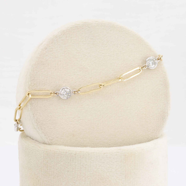 Diamond Station Paperclip Chain Bracelet, 0.94cttw Diamonds in Two Tone Gold, 7 inch - Kizer Cummings Jewelers