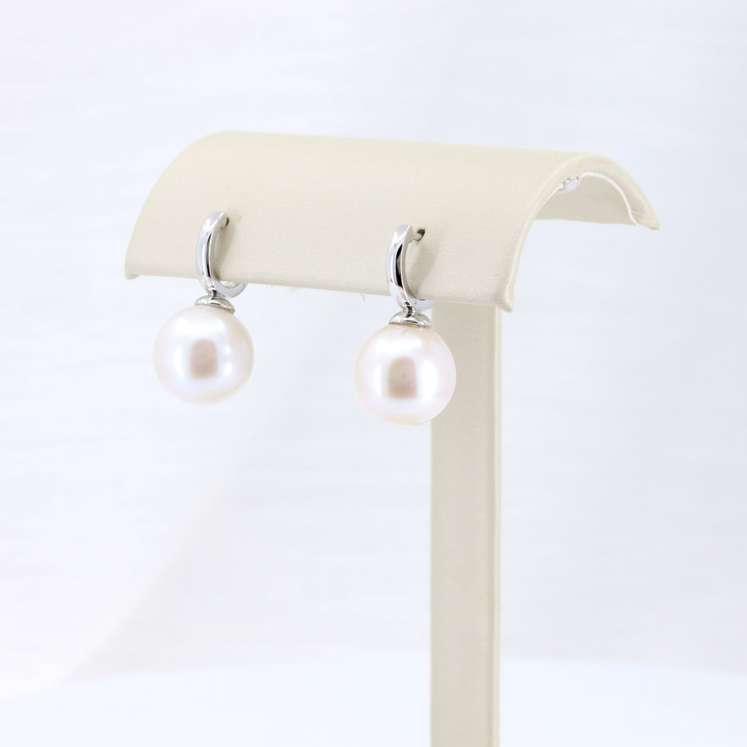 Freshwater Pearl Drop Huggie Earrings in Sterling Silver, 12mm Pearls