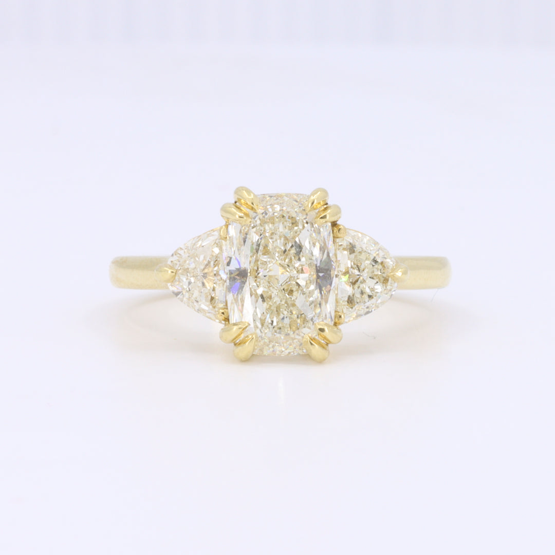Three Stone Elongated Cushion Diamond Engagement Ring with Claw Prongs