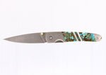 Load image into Gallery viewer, 4&quot; Liner Lock Knife w/pocket clip- Kingman Polychrome Turquoise and Mother of Pearl inlay w/ Damascus Steel Blade
