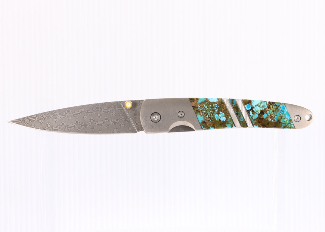 4" Liner Lock Knife w/pocket clip- Kingman Polychrome Turquoise and Mother of Pearl inlay w/ Damascus Steel Blade