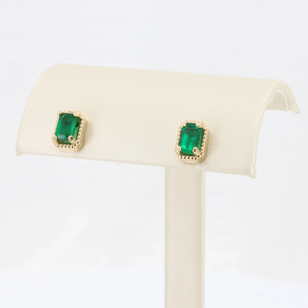 Emerald Cut Emerald Beaded Halo Stud Earrings, 1.08cttw in 14K Yellow Gold - Kizer Cummings Jewelers