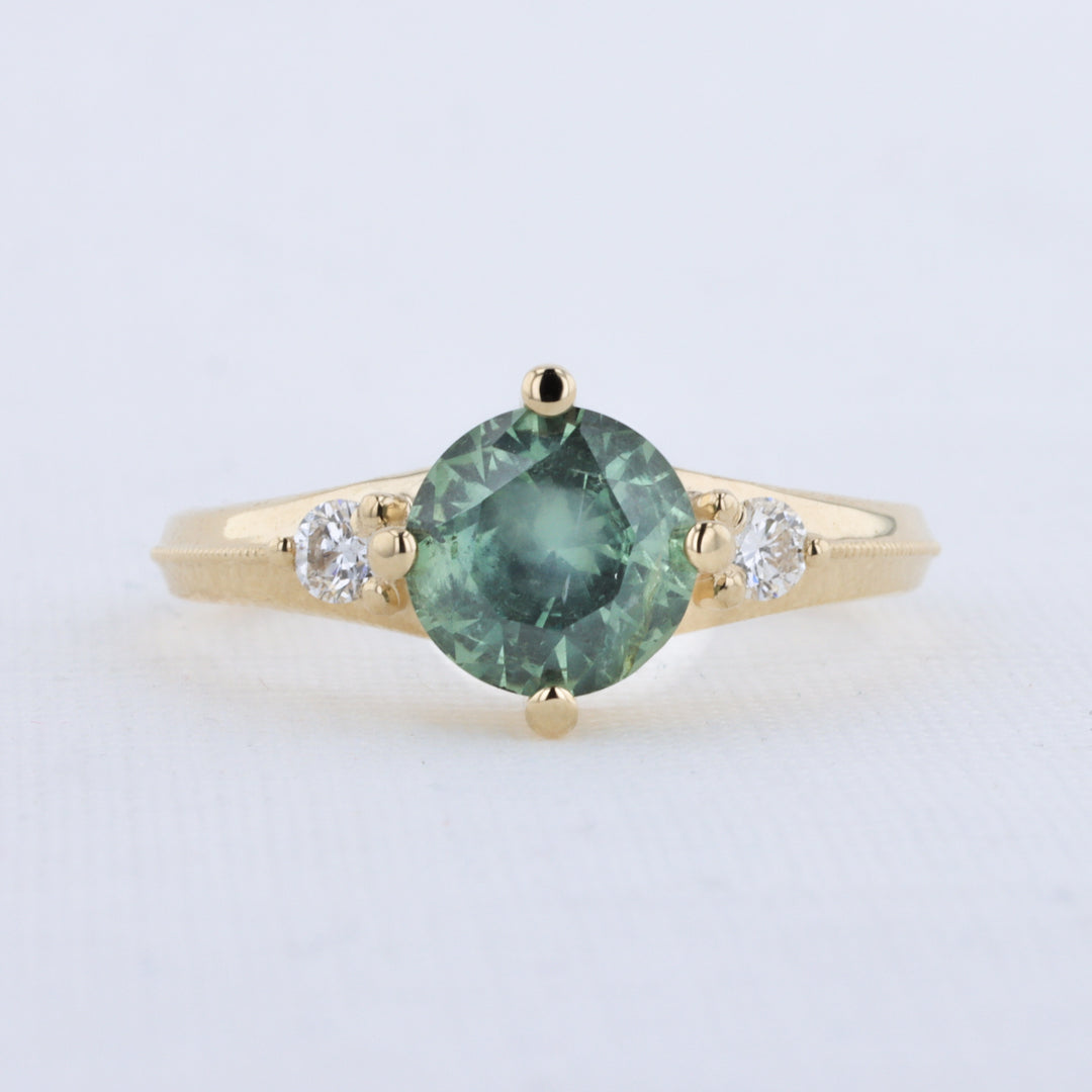 Montana Sapphire and Diamond Ring with Millgrain Ridge in Yellow Gold