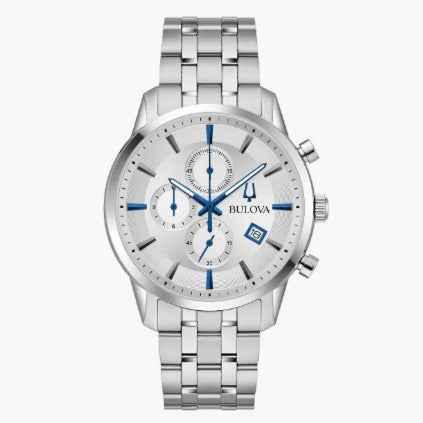Bulova Sutton- White Metal w/Blue Features Round Face w/ White Metal Casing and Band - Kizer Cummings Jewelers