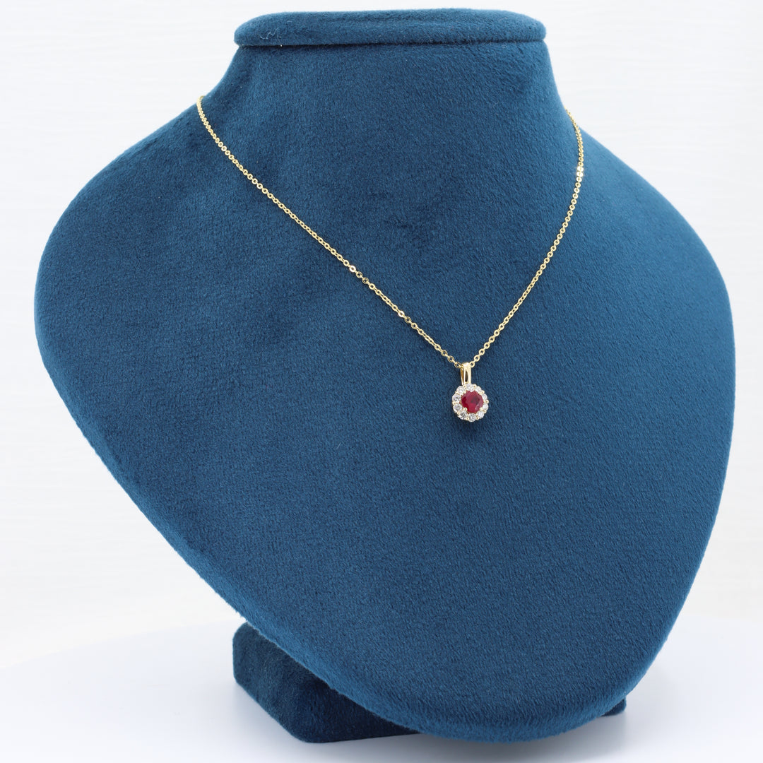 Ruby Halo Pendant, 0.40ct Ruby with 0.29cttw Diamond Halo in 14K Yellow Gold, 18 inch Chain