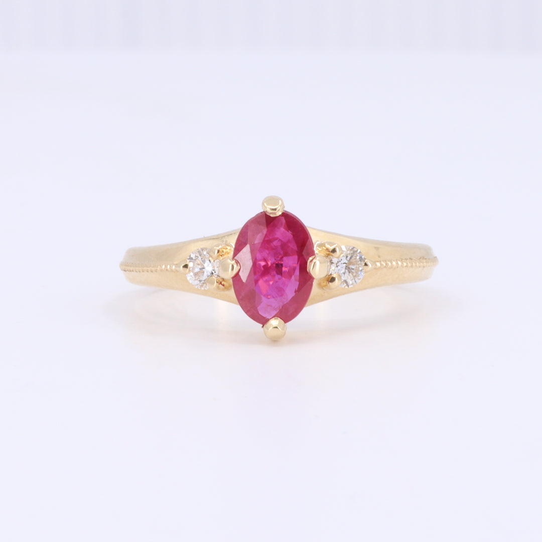 Ruby and Diamond Ring with Millgrain Ridge in Yellow Gold