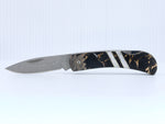 Load image into Gallery viewer, 3&quot; Lockback Knife- Black Buffalo Turquoise and Bronze w/Laser engraving w/ Damascus Steel Blade
